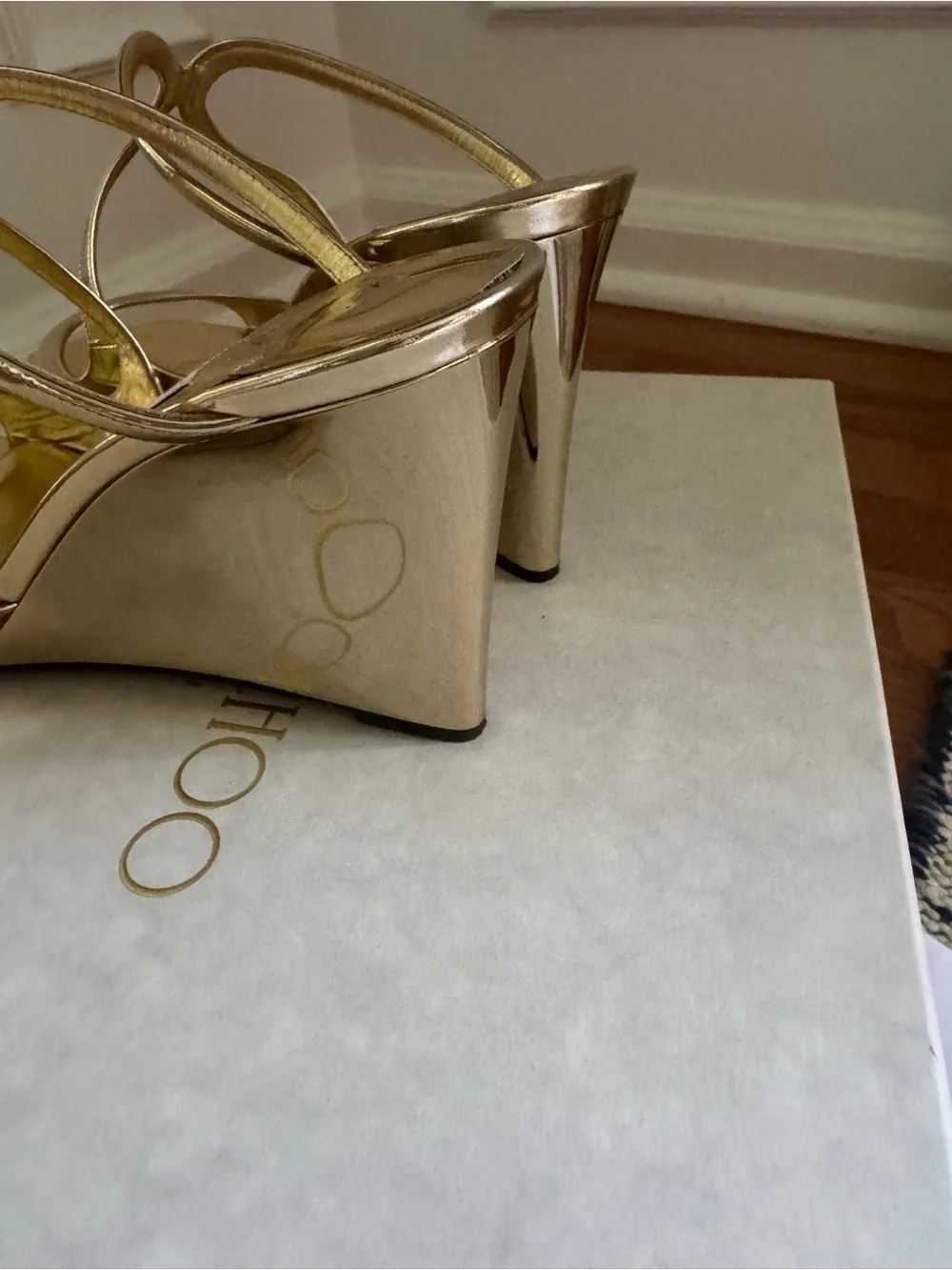 Jimmy Choo Gold Anise Liquid Metal Wedge Sandals 38.5